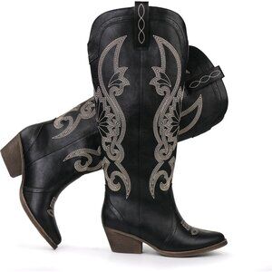 ⚡Women's Black Cowgirl Boots Slip On Pointed Toe Classic Embroidered Pull On
